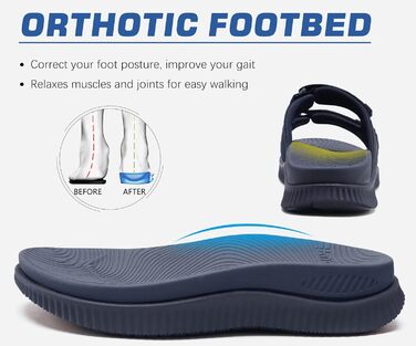 Чоловічі спортивні сандалії KuaiLu з м'якою устілкою, ортопедичні для фасціїту, Outdoor, Wander, легкі, відкриті пальці, регульована липучка, сланці (Морський, 45 EU)