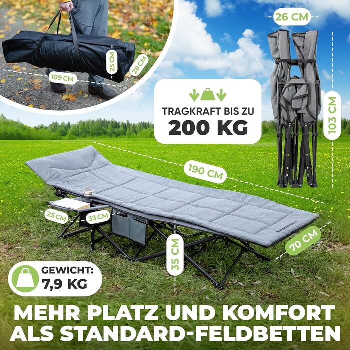 NORDICTRAILS Кемпінгове ліжко NORDICTRAILS - XXL розкладне ліжко для кемпінгу | Зручне, легке та широке для відпочинку на природі | Гостьове ліжко, ліжко для риболовлі, розкладне ліжко з суперм'яким матрацом. Сіре.