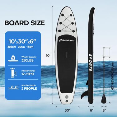SUP дошка Panana надувна 3м x 79см x 15см з комплектом аксесуарів, EVA покриття, для дорослих та підлітків, чорна