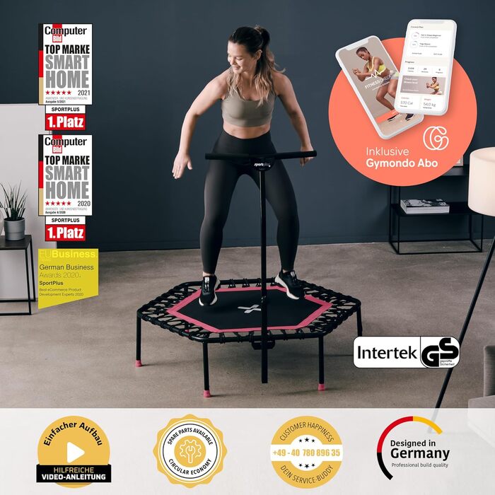 Трамплін для дому SportPlus Ø 126 см - тиха гумова пружина, регульований руків'я, вантажопідйомність до 130 кг, з безкоштовною підпискою Gymondo, колір полуниця