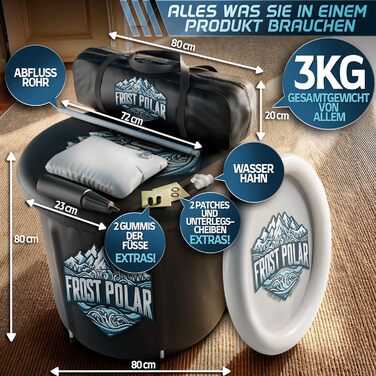 Ванна для криотерапії FROST POLAR 350 літрів з алюмінієвою рамою, набір включає подушку, водонепроникний мішок та пакети льоду