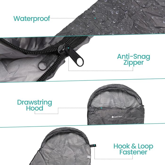 Спальний мішок Mumienschlafsack для дорослих - легкий, компактний, водонепроникний, з капюшоном, 220x85 см - теплий, пральний, для кемпінгу, піших прогулянок, подорожей (сірий)