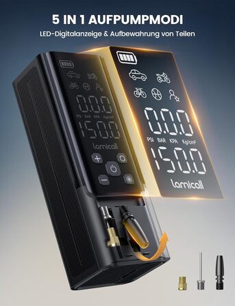 Електрична повітряна помпа Lamicall з акумулятором для велосипеда, авто, мото - 150 PSI, компресор з цифровим манометром та Powerbank, 5000mAh з металевим циліндром
