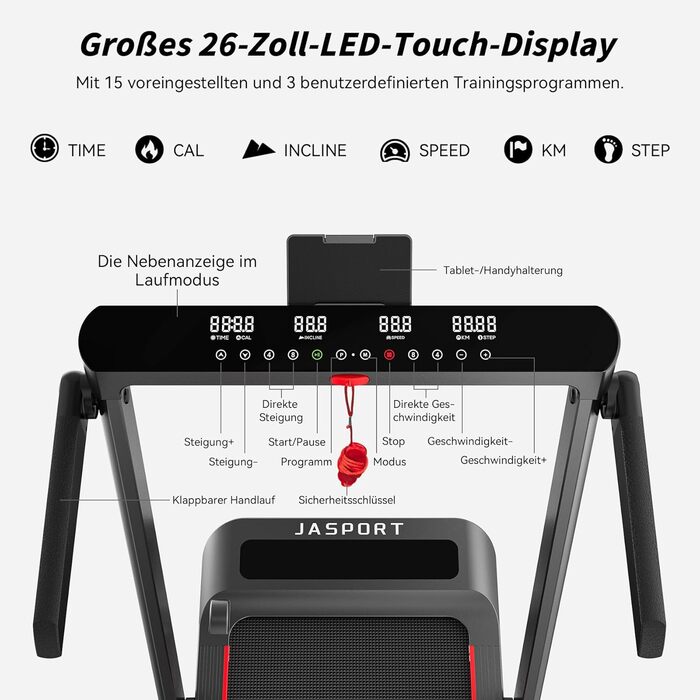 Біговий тренажер JASPORT H з нахилом 12°, 2-в-1 Walking Pad до 14 км/год, двигун 3.0HP, 18 програм, сенсорний та пульт дистанційного керування, Dual LED, складний 157 мм, Bluetooth App Zwift/Kinomap, для дому та офісу (GL3H)
