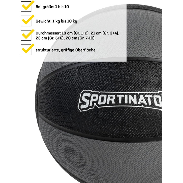 Медичний м'яч SPORTINATOR сірий/чорний, 9 кг, для силових і функціональних тренувань, з маркуванням ваги
