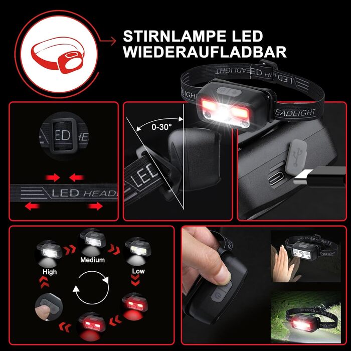 Ліхтарик WOWNIGHT LED акумуляторний, тактичний, 5 режимів, регулювання яскравості, для кемпінгу та надзвичайних ситуацій, чорний
