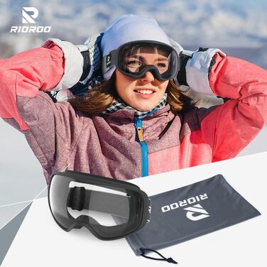 Лижна маска RIOROO для окулярів, подвійна лінза, 100% UV захист, антифог, чорна рамка, прозорі лінзи (VLT 80%), для чоловіків, жінок і підлітків, сумісна з шоломом, для сноуборду, мотоциклу, велосипеда