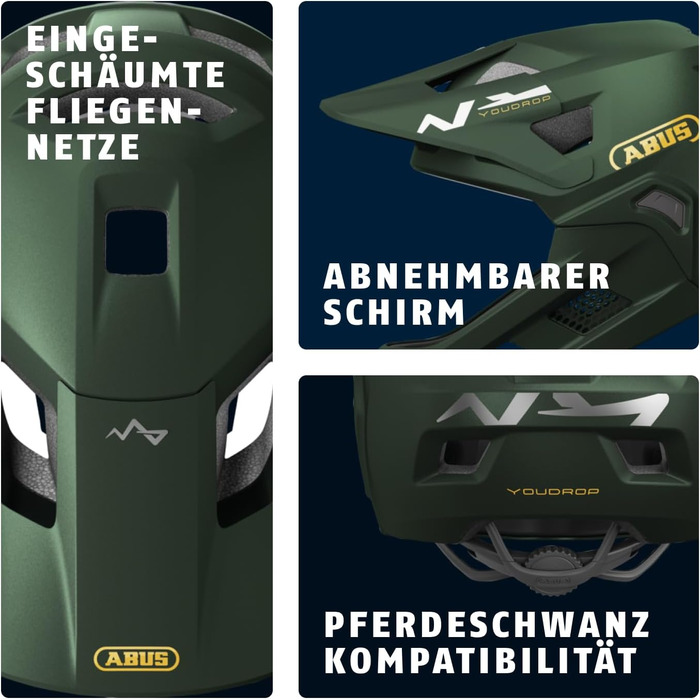 Дитячий велосипедний шолом ABUS YouDrop FF Fullface із знімним підборіддям, зелений, розмір S (48-55 см) – для MTB, захисний шолом для дітей та підлітків