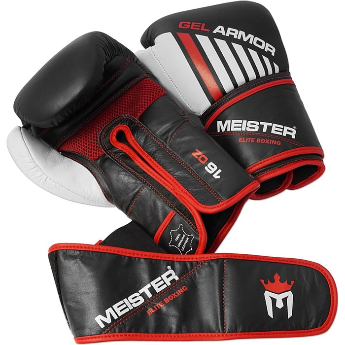 Боксерські рукавички Meister Gel Armor 16oz для тренувань з натуральної шкіри, чорні/червоні/білі, дорослі, з сітчастою сумкою