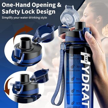 Спортивна пляшка для води 1л Tritan без BPA з маркуванням часу, 1000 мл, чорно-синя