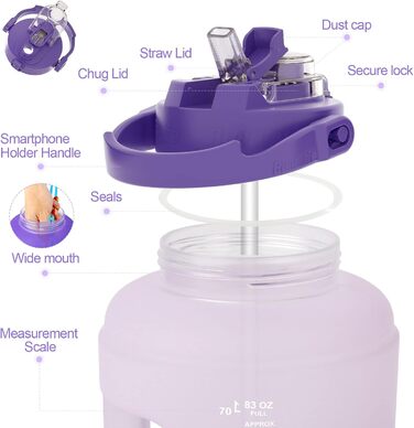 Спортивна пляшка BuildLife 2,5 л з мітками часу та двома кришками - без BPA - для спортзалу (2500 мл, фіолетовий)