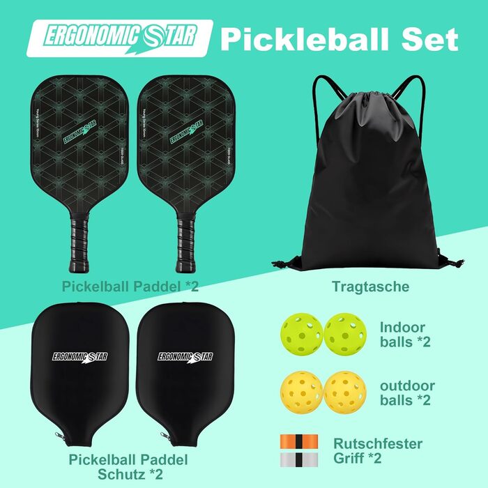 Набір для піклболу Ergonomicstar: фібергласові ракетки, 4 м'ячі, сумка, захист, легкі ракетки для початківців, для гри в приміщенні та на вулиці, чорний