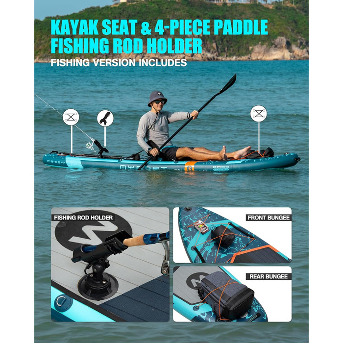 Надувне SUP-дошка MYBOAT 30,5 x 86,4 x 15,2 см для риболовлі, з аксесуарами (3 плавці, бungees, камера, насос, весло, мішок, мотузка)