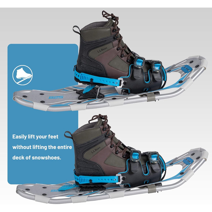 Снігоступи G2 21/25/30/36 дюймів, легкі, з захистом пальців, EVA-підкладкою, регульованою фіксацією, підйомкою п'ятки, гнучким шарніром, міцним ремінцем, трекінговими палками, сумкою для перенесення, сніговими ковпаками (5 кольорів). Підходять для ваги до 200lbs (25 дюймів) та до 250lbs (30 дюймів).