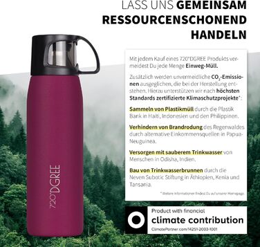 Термос 720°DGREE Thermoskanne з чашкою 450мл 'Follow' - 3 розміри, 12h гаряче, 24h холодне, не протікає, без BPA - термофляка з нержавіючої сталі, ізотермічна фляка - ідеально для роботи, дітей, школи, немовлят (1000 мл, Lavish Plum | Robust Matt | Червон