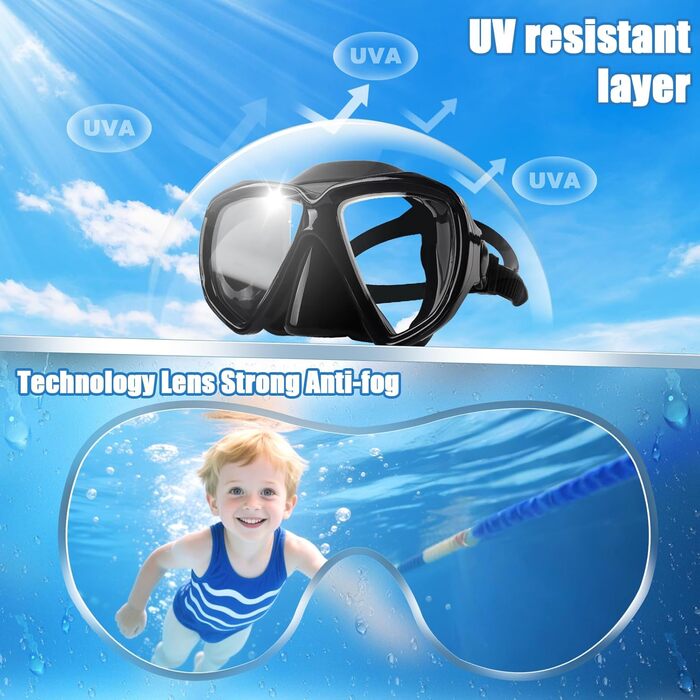 Набір для снорклінгу для дорослих та дітей: маска та трубка Dry, антизапітніння, анти-тік, чорний