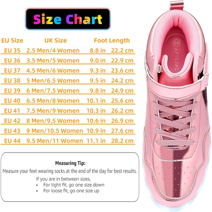 APTESOL Кросівки LED з підсвічуванням High-Top, USB-зарядка, рожеві для жінок та чоловіків (44 EU)