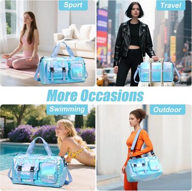 Спортивна сумка Tokeya для жінок з відділенням для взуття та мокрих речей, водонепроникна, блискуча, легка, складна, сумка-мішок для спорту, фітнесу, тренувань, подорожей (Блакитна)