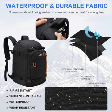 Чохол для лижних черевиків, 50 л, рюкзак-дорожник для лиж, 1680D Nylon, водонепроникний, для лиж, шолома, маски, рукавичок, одягу та лижного спорядження, аксесуари для чоловіків, жінок та підлітків