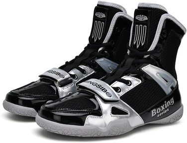 Боксерські кросівки для чоловіків та жінок, дитячі, для занять індоор-фітнесом, бойові кросівки, антиковзаючі та дихаючі хай-топ боксерські кросівки, розмір 47 EU, чорний/сріблястий