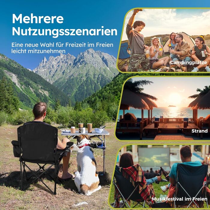 Набір з 2 шт. складаних стільців для риболовлі та відпочинку на природі High Point Sports, до 120 кг, з підстаканником та відділенням для охолодження, чорний