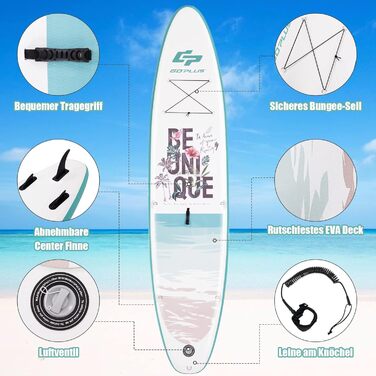 Надувна SUP-дошка COSTWAY 320×76×15 см, комплект: рюкзак, насос, весло, страховка, банджі, ремкомплект, до 150 кг, бірюзова, без сидіння