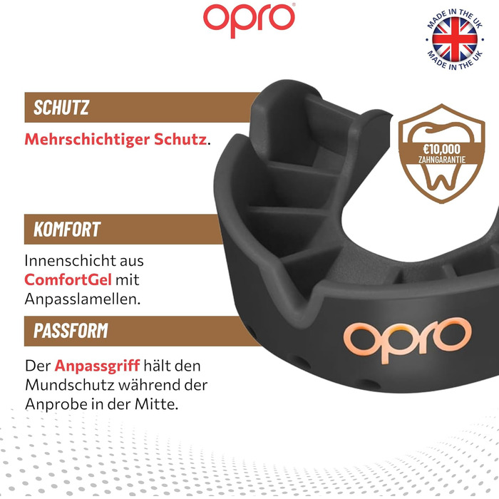 Захист зубів OPRO Bronze – для боксу, єдиноборств, MMA, дорослих та дітей – самоадаптуюча накладна шина для хокею, кікбоксингу, регбі – надійна фіксація – з гарантією стоматолога (Чорний, Дитячий (до 10 років))