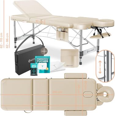 Масажне ліжко KESSER® з 3 зонами, до 250 кг, складне, регульоване, з аксесуарами (підголовник, підлокітники, сумка), антиковзне покриття, бежеве