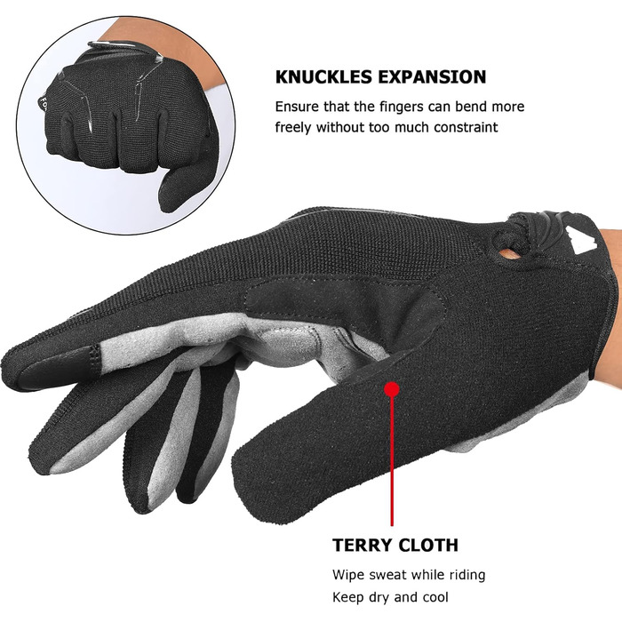 Велосипедні рукавички Westwood Fox WFX для гірського велосипеда (MTB) з повною пальцями, сенсорний екран, антиковзаючі, для жінок та чоловіків, чорні