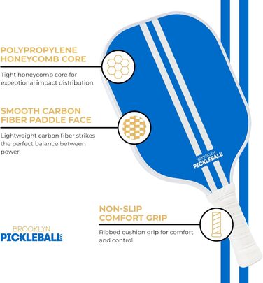 Паддл для піклболу Brooklyn Pickleball Co. | Вуглеволокно | Компактне ядро | Нековзний руків'я | Одиночний | Білий (Синій)