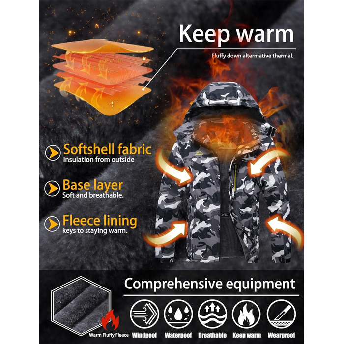 TACVASEN чоловіча тепла зимова куртка, водонепроникна функціональна куртка з капюшоном, армійний зелений (3XL, чорний камуфляж)