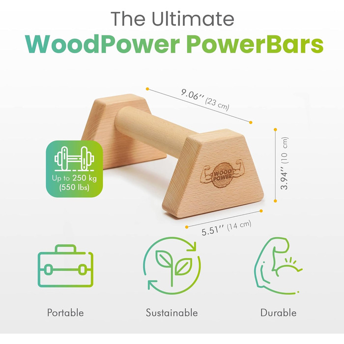 Дерев'яні бруси WOODPOWER PowerBars для віджимань і стійки на руках, нековзкі паралетси для кросфіту, йоги, калістеніки, для дому та вулиці