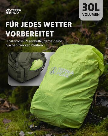 Туристичний рюкзак Terra Peak Flex 30L, з вентиляцією спини, дощовиком і кріпленням для питної системи, середній розмір, 3D Air Mesh, поясний ремінь, преміум якість