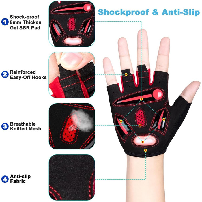 Рукавички для велосипеда MTB з короткими пальцями, дихаючі, неслизькі, амортизуючі, червоні для чоловіків та жінок