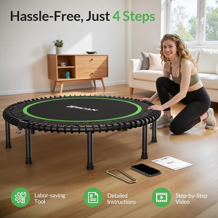 Трамплін для дому BCAN Fitness, діаметр 102/122 см, з пружинами/ bungee-шнурами, для дорослих до 250 кг, з регульованими ручками, тихий та з низькою вібрацією. Зелений/Чорний (122 см)