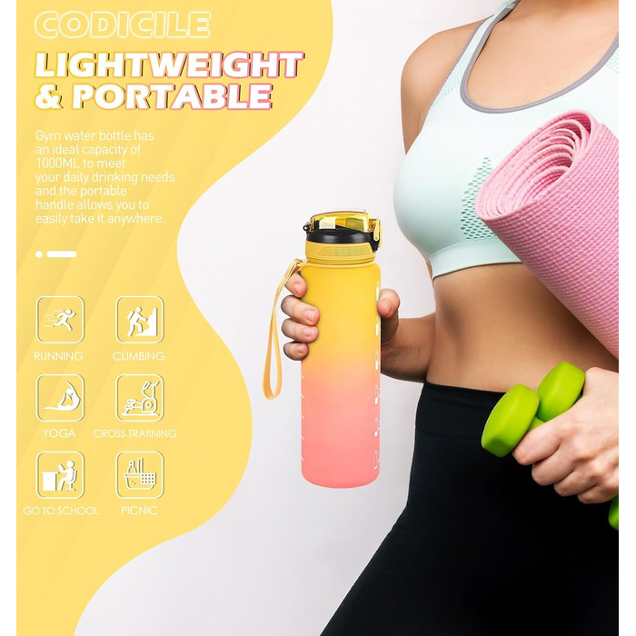 Фляга для води CodiCile 1л зі трубочкою, спортивна, з міткою часу, для миття, нетоксична, для бігу, велосипеда, спортзалу, школи, офісу