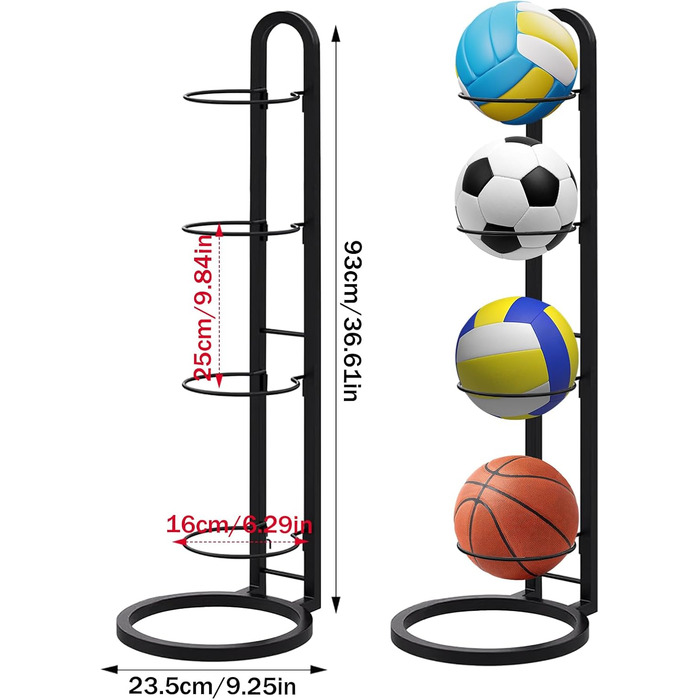Стельовий органайзер для м'ячів на 4 яруси, з вуглецевої сталі, для футболу, волейболу, баскетболу, гараж, спортзал