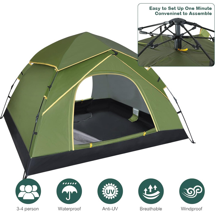 Намет для кемпінгу Jaztral 3-4 особи, автоматичний, куполоподібний, водонепроникний, вітростійкий, 3-4 сезонний, для сім'ї, трекінгу та кемпінгу, колір: зелений