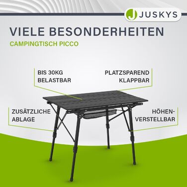 Стол для кемпінгу Juskys Picco - алюмінієвий, 90 x 52 см, легкий, складний, регульований по висоті - для кемпінгу, саду, відпочинку на природі. Чорний.