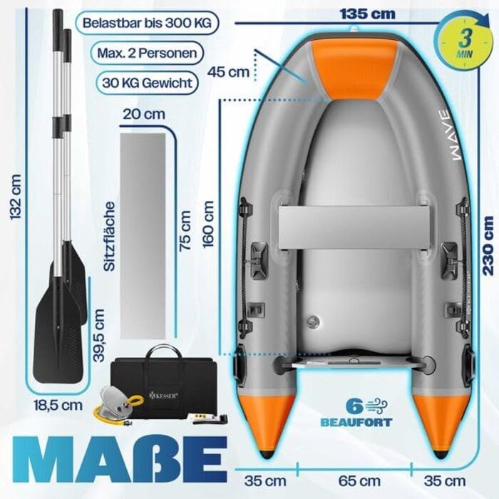Надувний човен KESSER Wave 230-320 см (6 предметів): човен, лава, насос, весла, ремкомплект, сумка. Можливість встановлення мотора, для солоної води (Сірий/Помаранчевий, 2.30м)