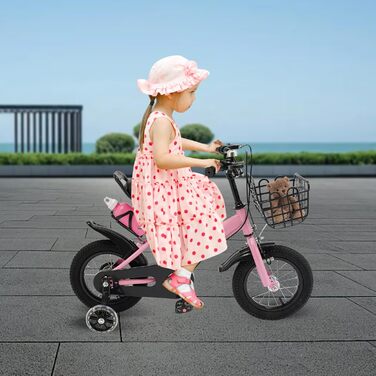 Дитяче велосипед 12 дюймів з регульованою висотою сідла, для дітей 2-5 років. Тренувальний велосипед з додатковими колесами, кошиком та пляшкою. Підходить для дівчаток та хлопчиків (Рожевий)