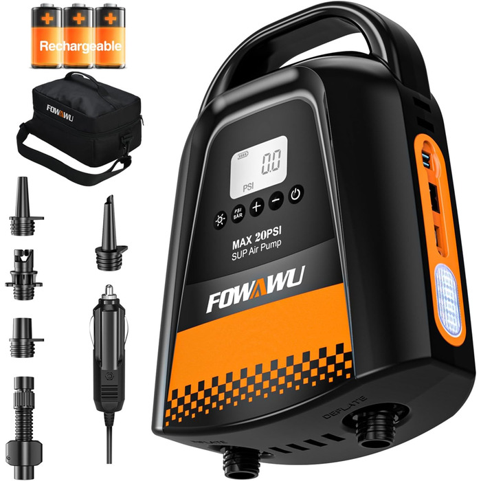 Насос FOWAWU 20PSI для SUP, човнів та каяків: електричний, 12V DC, 2-ступеневий, з автовимкненням