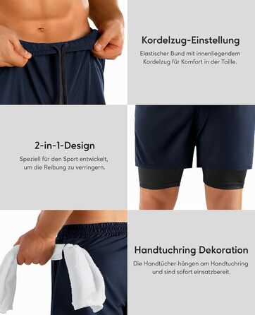 Шорти чоловічі Niksa 2er Pack 2-в-1, спортивні, швидковисихаючі, дихаючі, з кишенею для телефону (XXL, темно-синій)