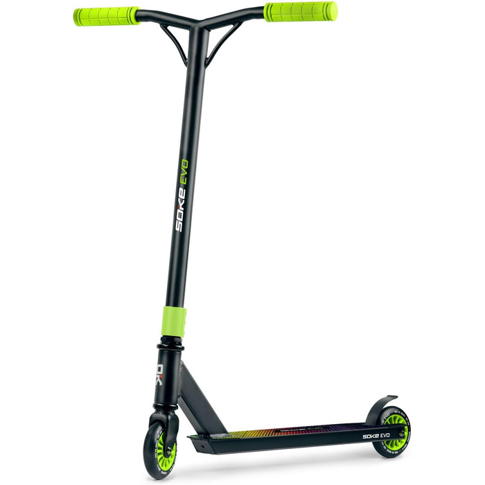 SOKE Evo: Скутер для екстремального катання в скейтпарку – підшипники ABEC-9 Carbon, сталевий Y-образний кермо з TPR-покриттям, алюмінієва дека (зелений)