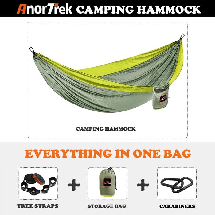 Гамак Anortrek Outdoor для відпочинку на природі, 280x140 см, місткість до 249 кг, ультралегкий, з ременями для дерев, дихаючий нейлон, для кемпінгу, подорожей, туризму, саду, армійний зелений/жовтий