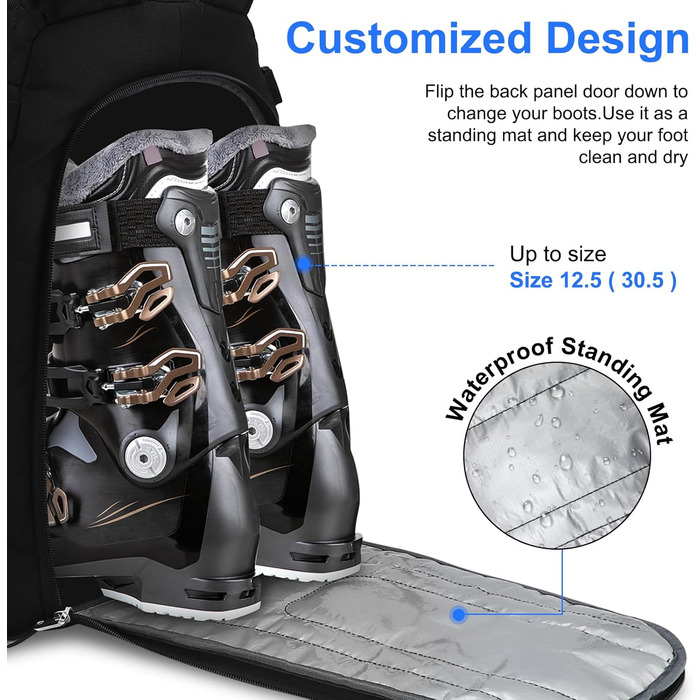 Чохол для лижних черевиків, 50 л, рюкзак-дорожник для лиж, 1680D Nylon, водонепроникний, для лиж, шолома, маски, рукавичок, одягу та лижного спорядження, аксесуари для чоловіків, жінок та підлітків