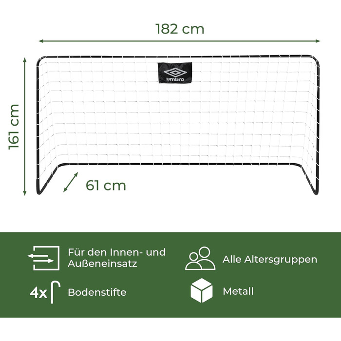 Футбольні ворота Umbro 182x122x61 см, металеві, чорні, для дітей і дорослих, для саду та дому, тренувальні