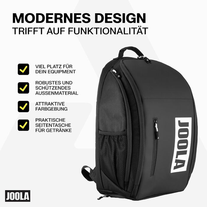 Спортивний рюкзак JOOLA Vision II для настільного тенісу та піклболу, чорний (відділення для ноутбука, взуття та пляшки, 600D поліестер, 50x31x20 см)