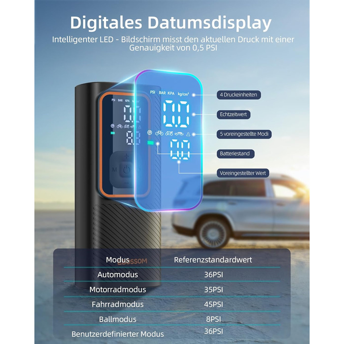 Електрична повітряна помпа 10.3 Bar з акумулятором, 6000mAh та 12V DC, для авто, мото, велосипеда, з LED-ліхтариком та автовимкненням (Оранжева, I7)
