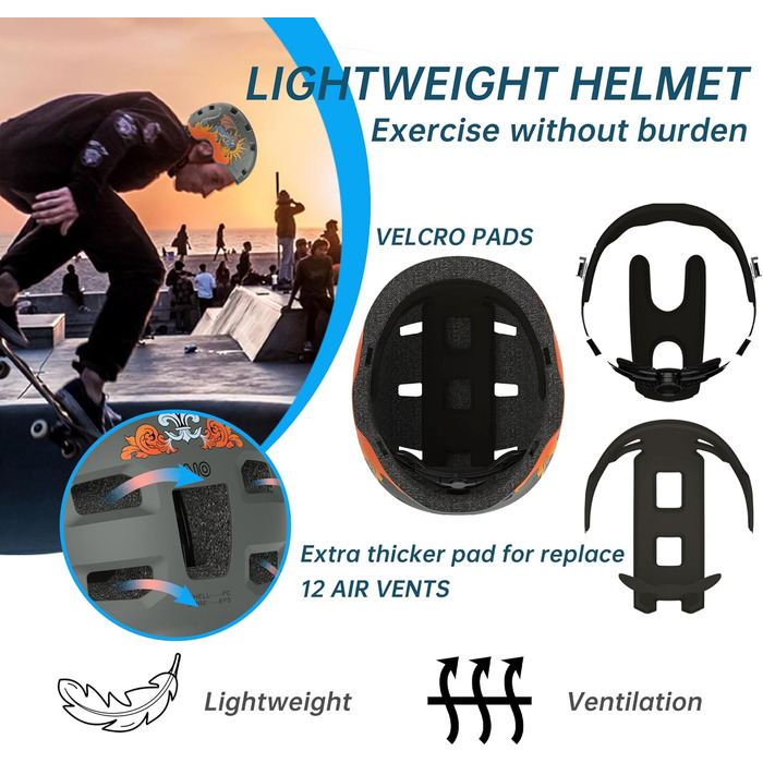 Шолом для скейтборду, самокату, BMX та електросамокату дитячий/унісекс Ultraleicht (Ультралегкий) Macaron Dinosaurier сірий L